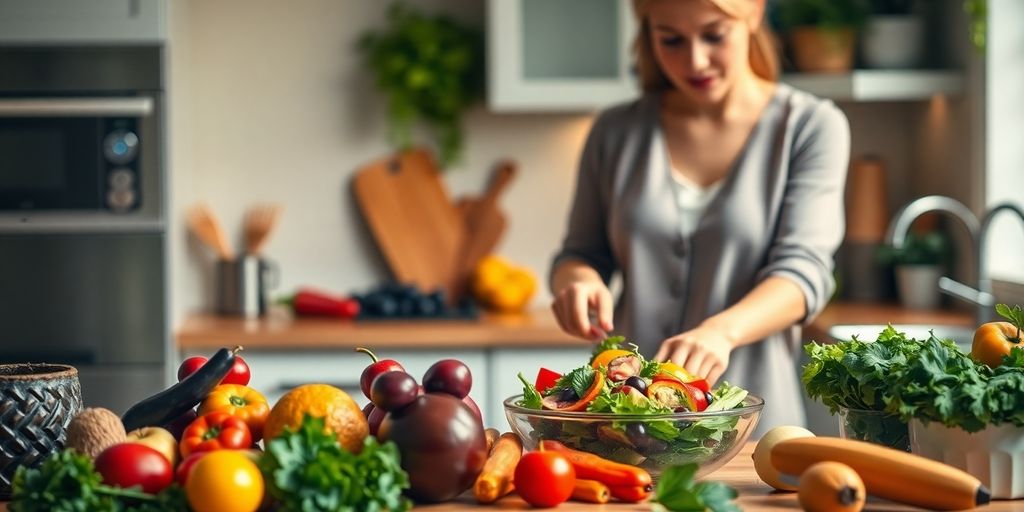 Person preparing a healthy salad with fresh ingredients.