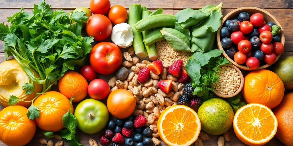 Colorful display of healthy foods on a wooden table.
