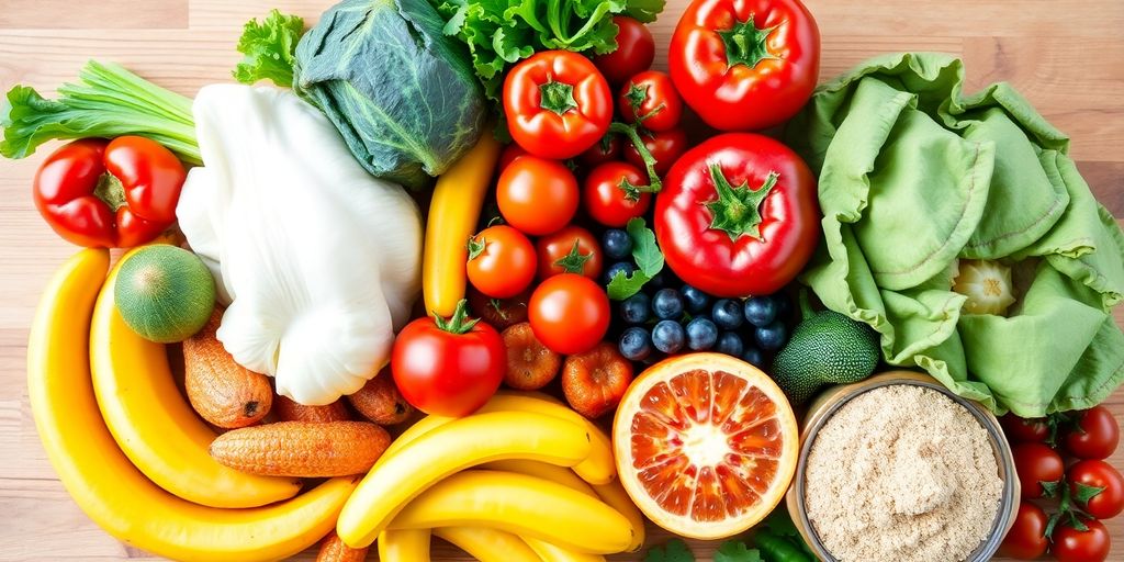 Colorful fruits and vegetables on a wooden table.