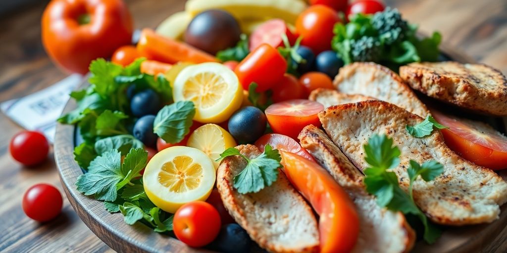 Colorful healthy meal on a wooden table with fresh produce.