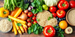 Colorful fruits and vegetables on a wooden table.