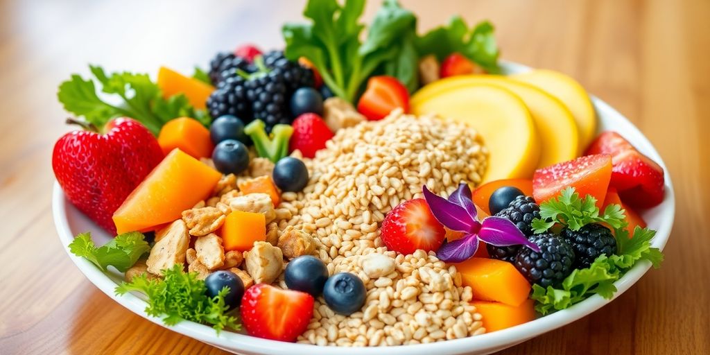 Colorful plate of healthy fruits and vegetables on a table.