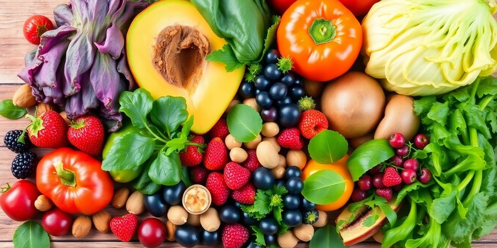 Colorful fresh fruits and vegetables on a wooden table.