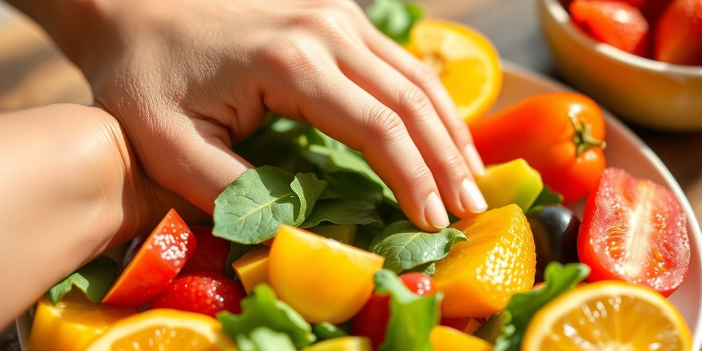 Hand on a plate of colorful fruits and vegetables.