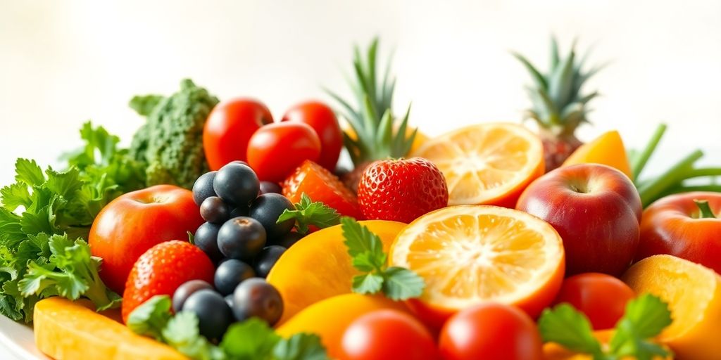 Colorful fruits and vegetables on a wooden table.