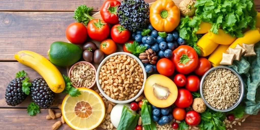 Colorful fruits and vegetables on a wooden table.