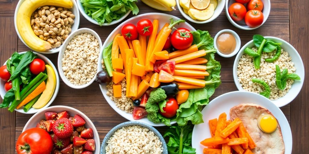 Healthy meal spread with fruits and vegetables on table.