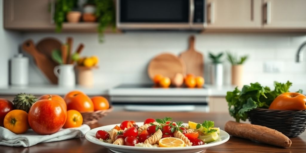 Healthy food arrangement in a warm kitchen setting.