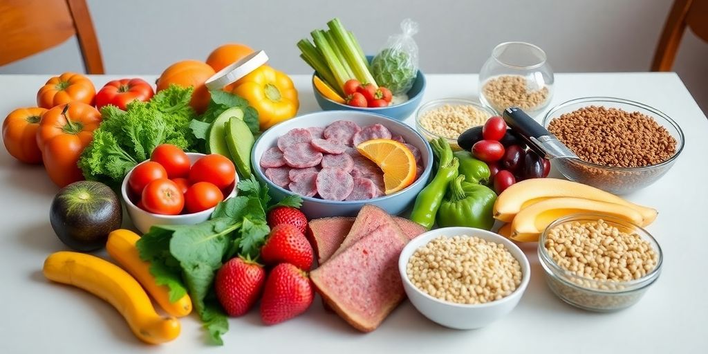 Colorful healthy foods on a dining table.