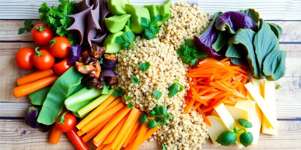 Colorful healthy meal with fresh vegetables and grains.