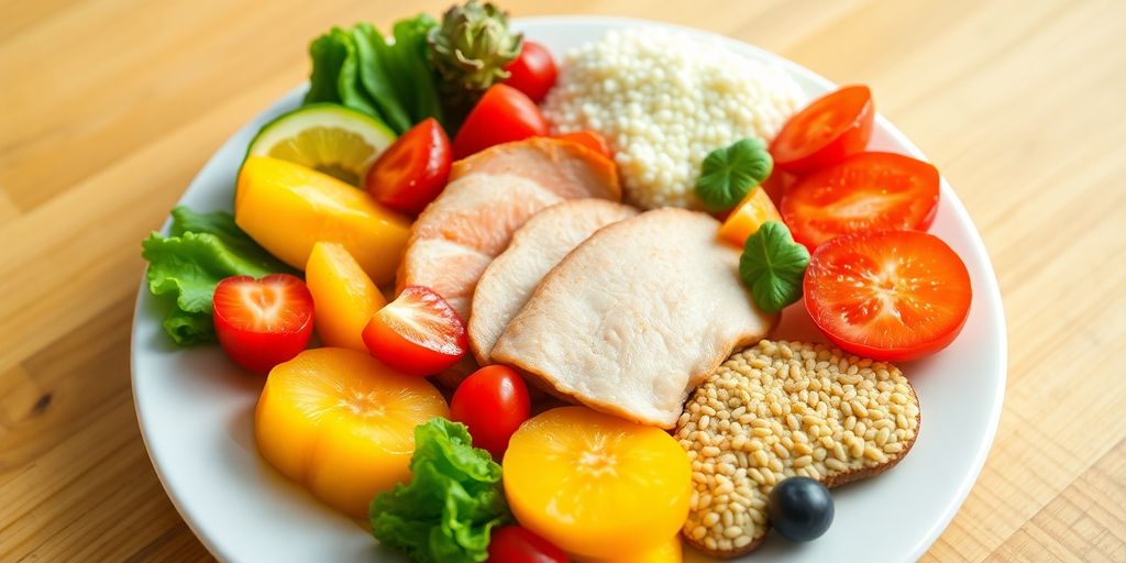 Colorful plate of healthy food portions.