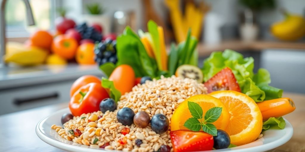 Colorful plate of healthy fruits and vegetables.